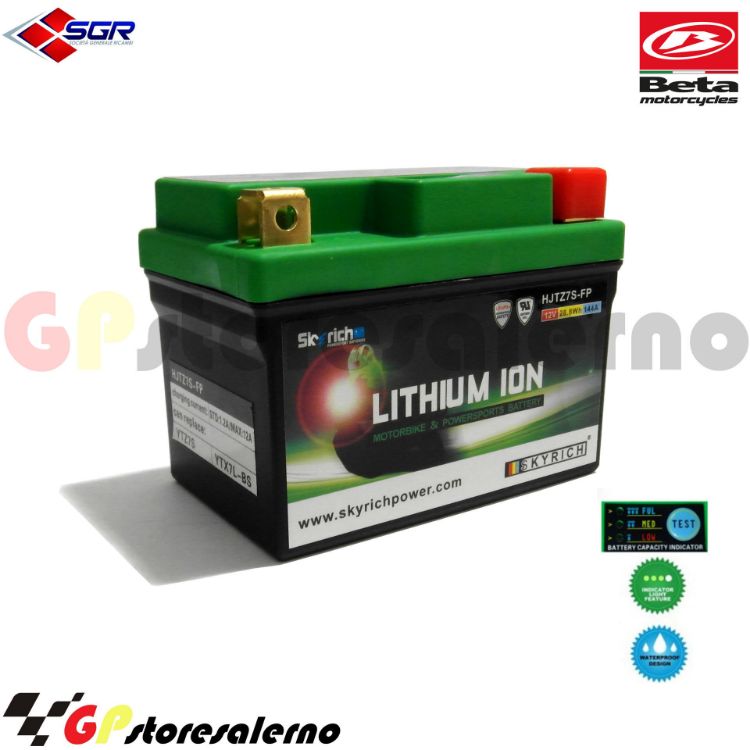 Immagine di 0675077SR BATTERIA LITIO SKYRICH POTENTE EQUIVALENTE YTX4L-BS YTZ5S YTX5L-BS YTX7L-BS YTZ7S BETAMOTOR 200 ALP 4T DAL 2003 AL 2007