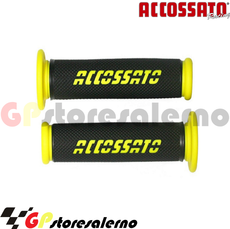 Immagine di GR006G COPPIA MANOPOLE ACCOSSATO RACING FORATE NERO GIALLO