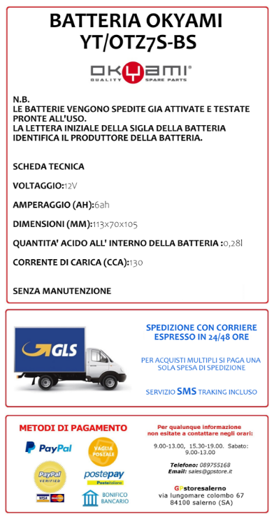 Immagine di E07050 BATTERIA OKYAMI YTZ7S-BS BMW 1000 HP4 2012 2015