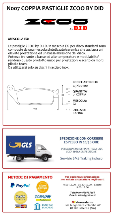 Immagine di N007 COPPIA PASTIGLIE FRENO RACING ANTERIORI ZCOO BY  DID HONDA 600 CB F HORNET DAL 2007 AL 2013