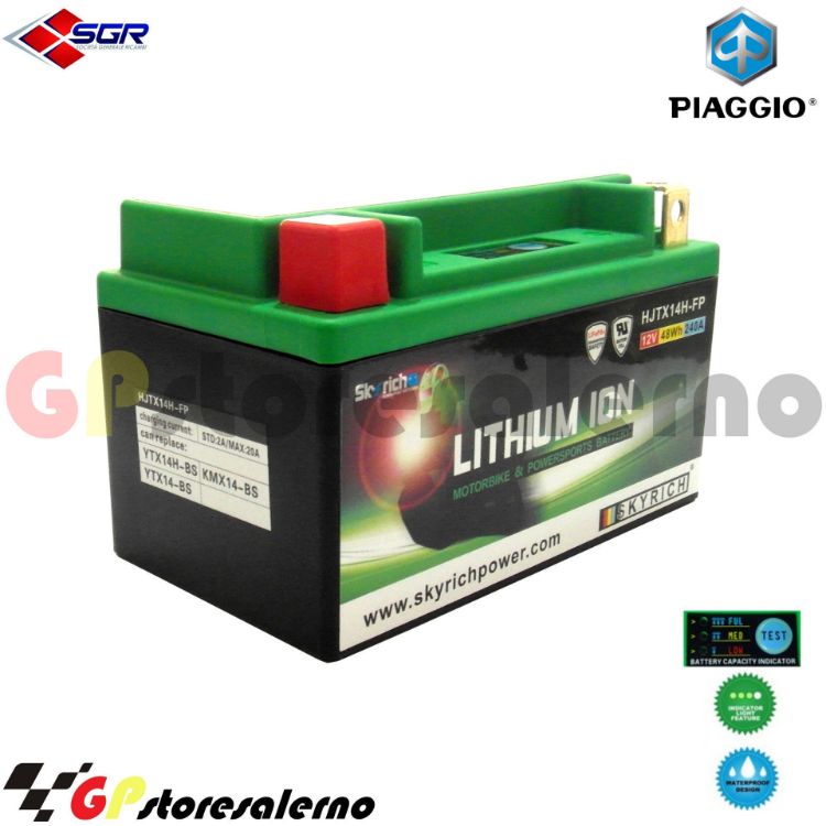 Immagine di 144SR BATTERIA A LITIO SKYRICH POTENTE EQUIVALENTE YTX12-BS YTX14-BS YTX14H-BS YT12A-BS YB12B-B2  PIAGGIO 300 BEVERLY RST 4V DAL 2010 AL 2016