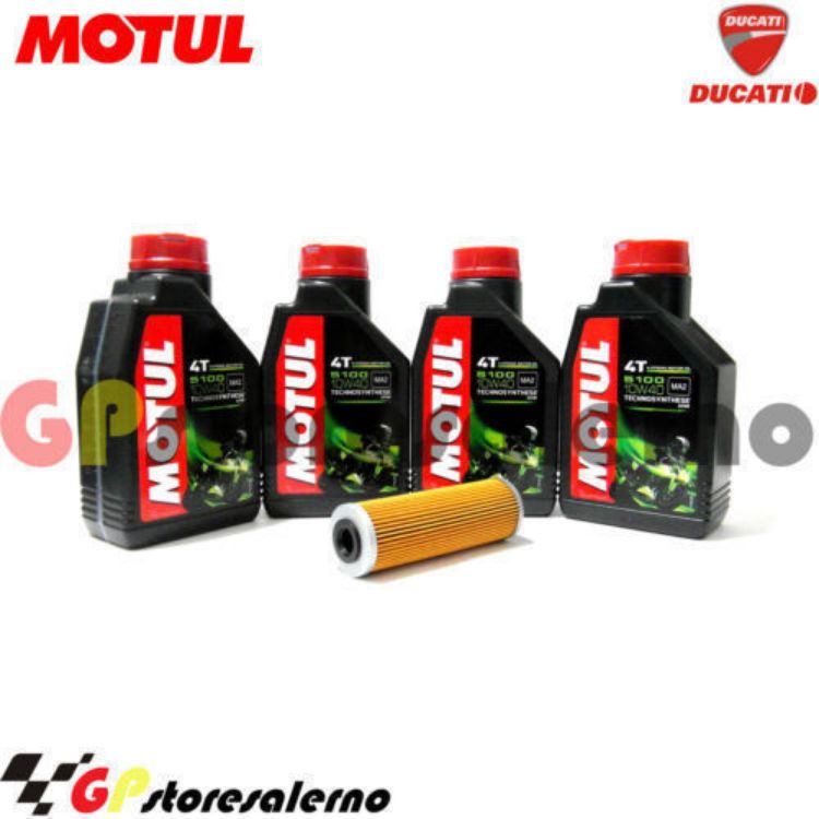 Immagine di KIT TAGLIANDO OLIO + FILTRO MOTUL 5100 10W40 4 LITRI DUCATI 1199 PANIGALE TRICOLORE DAL 2012 AL 2014