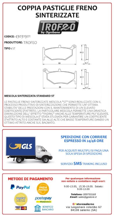 Immagine di 43031901 COPPIA PASTIGLIE FRENO POSTERIORI SINTERIZZATE OGNIBENE TROFEO SUZUKI 600 GSR DAL 2006 AL 2010