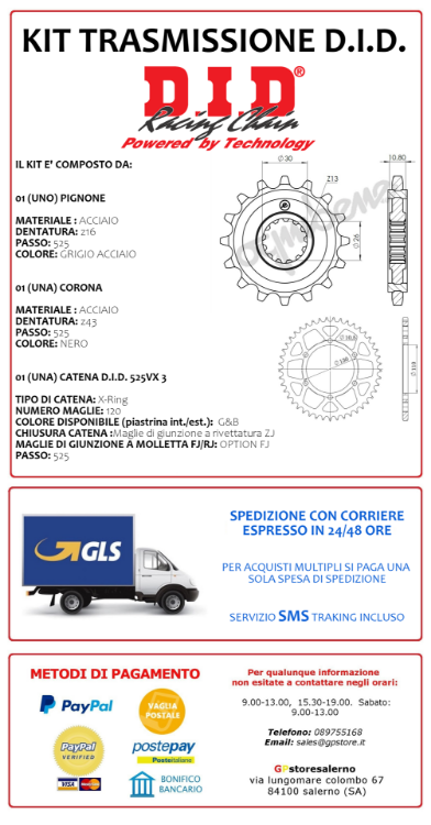 Immagine di gp16 KIT TRASMISSIONE DID CATENA PASSO 525 VX3 CORONA E PIGNONE 16/43 PER YAMAHA 700 XSR DAL 2016 AL 2024 - copia