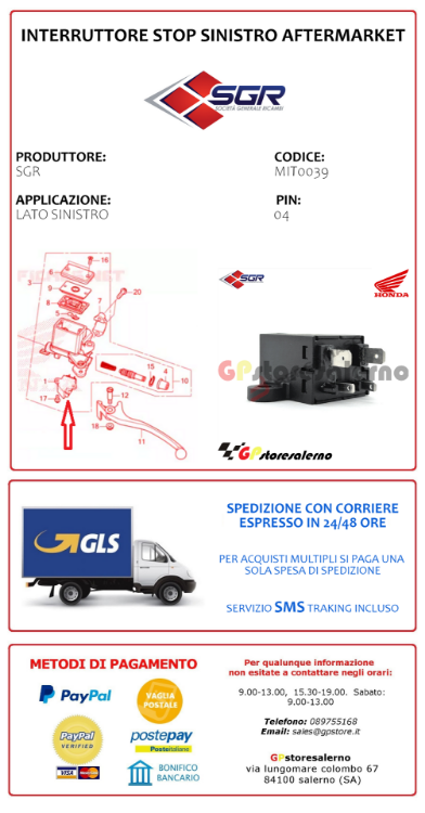 Immagine di MT0039 INTERRUTTORE STOP SX AFTERMARKET FRENO POSTERIORE HONDA 125 NSS FORZA DAL 2017 AL 2025