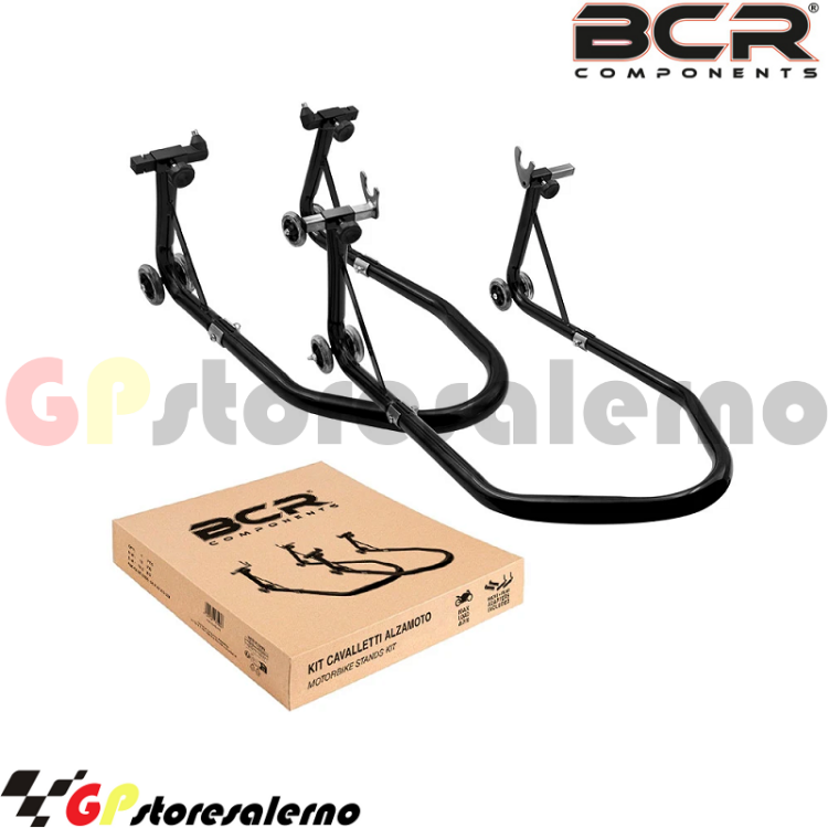 Immagine di COPPIA CAVALLETTI UNIVERSALI MOTO ANTERIORE + POSTERIORE SUPPORTI A CONO ANTERIORE E FORCHETTA POSTERIORE